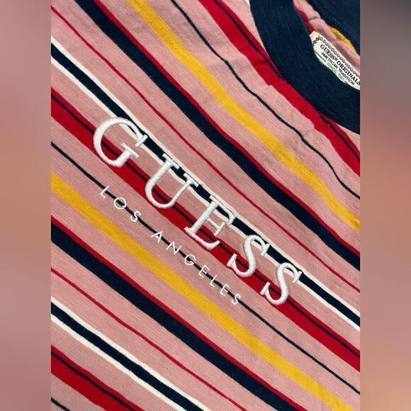 Guess Stripes Logo Embroidered T-shirt Men XS Oversized Pink Multicolor - Picture 2 of 5